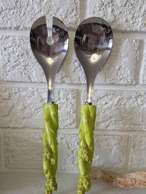 Sagaform Stainless Steel Salad Servers with Asparagus Lime Green Carved Handles